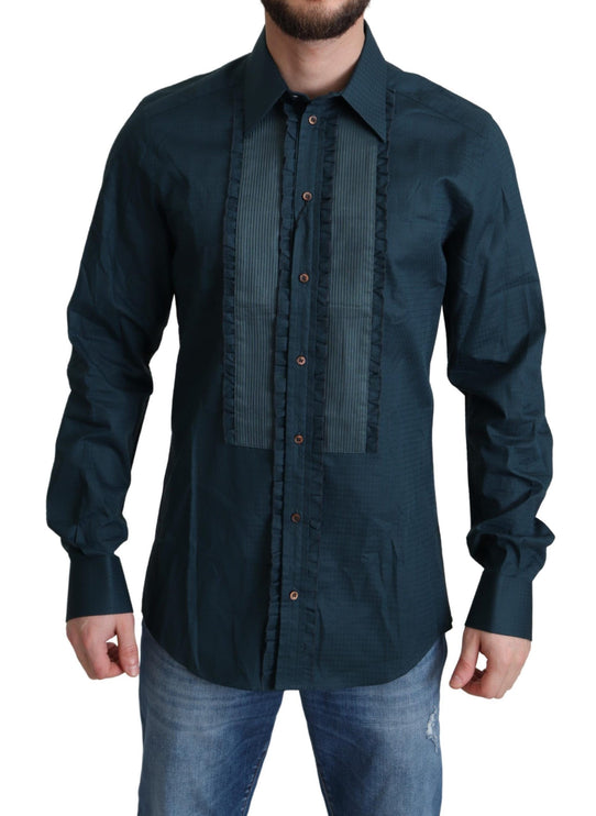 Elegant blauw gegolfd smoker shirt