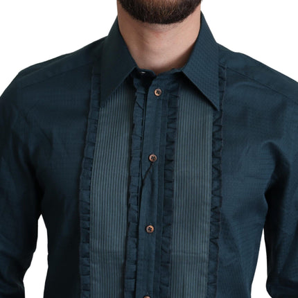 Elegant blauw gegolfd smoker shirt