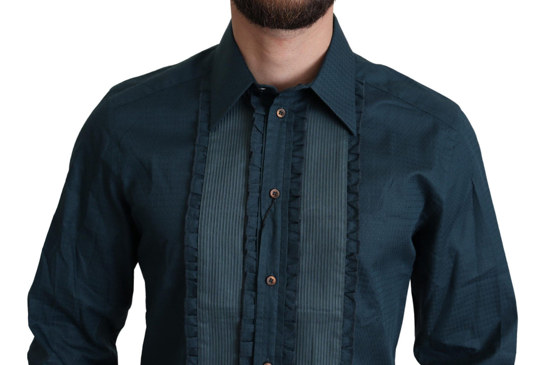 Elegant blauw gegolfd smoker shirt