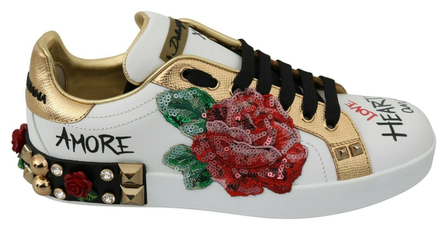 Eleganti sneaker in pelle floreale con paillettes