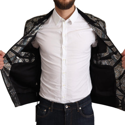 Elegant Jacquard Bomber veste en bleu