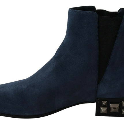 Chic Blue Suede Mid-Calf Boots avec Détails Stud