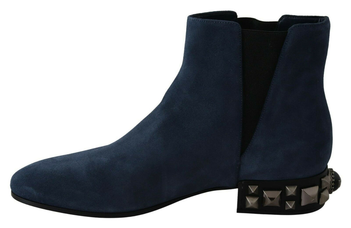 Chic Blue Suede Mid-Calf Boots avec Détails Stud