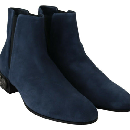 Chic Blue Suede Mid-Calf Boots avec Détails Stud