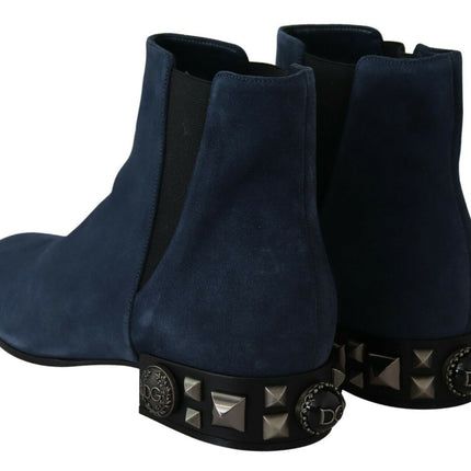 Chic Blue Suede Mid-Calf Boots avec Détails Stud