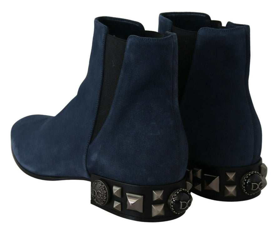 Chic Blue Suede Mid-Calf Boots avec Détails Stud