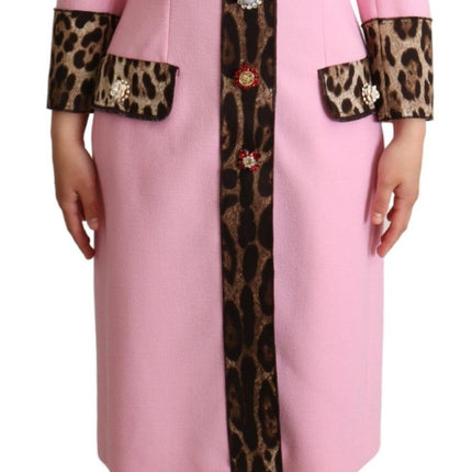 Chic Pink Leopard Trench with Crystal Buttons