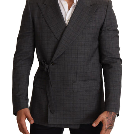 Chic Grey Check Martini Slim Fit Blazer à double poitrine