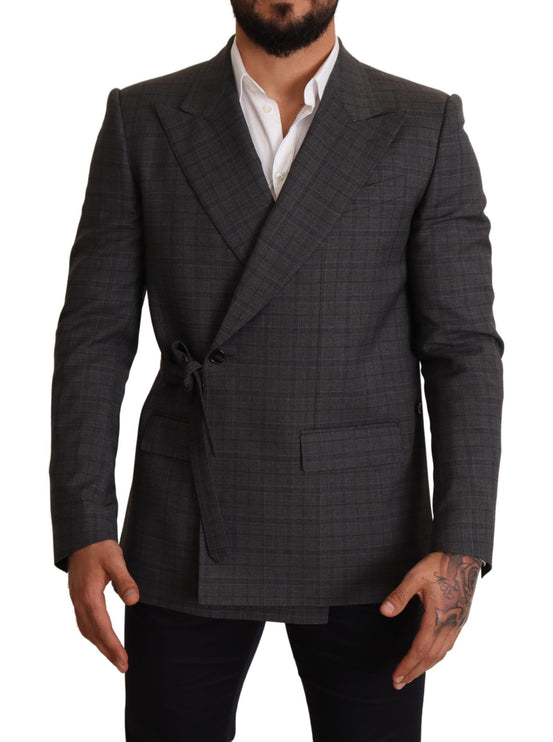 Chic Grey Check Martini Slim Fit Blazer à double poitrine