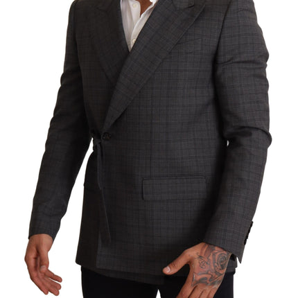 Chic Grey Check Martini Slim Fit Blazer à double poitrine