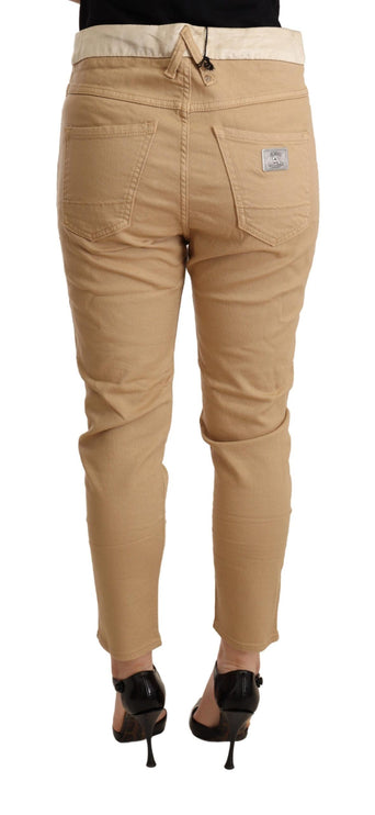 Pantaloni magri beige a metà vita slim fit