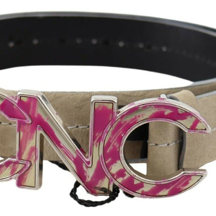 Ceinture de mode en cuir beige avec détail du logo