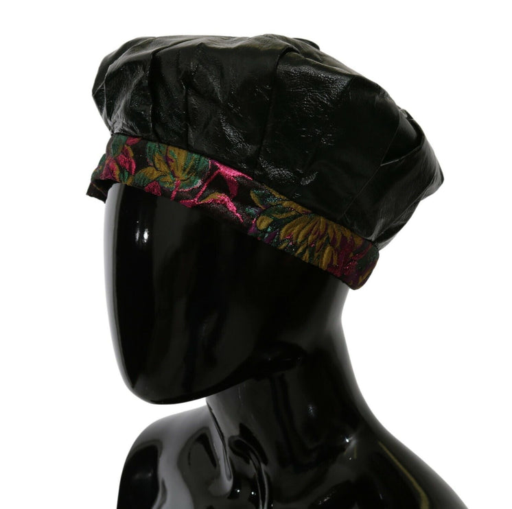 Elegante zwarte baret met bloemenvoering