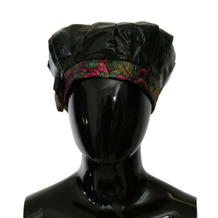 Elegante zwarte baret met bloemenvoering