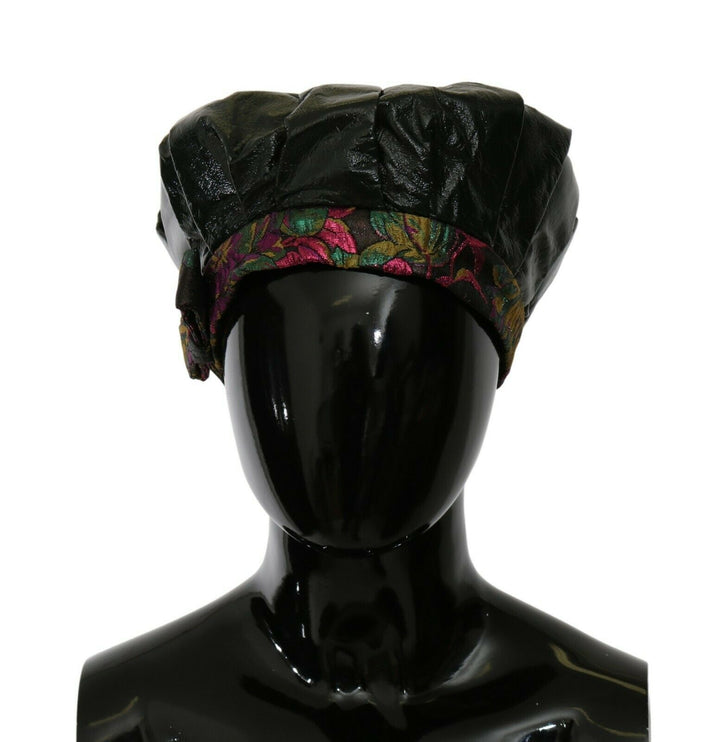 Elegante zwarte baret met bloemenvoering