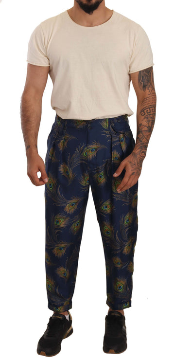 Exquise Peacock Print Silk Trousers