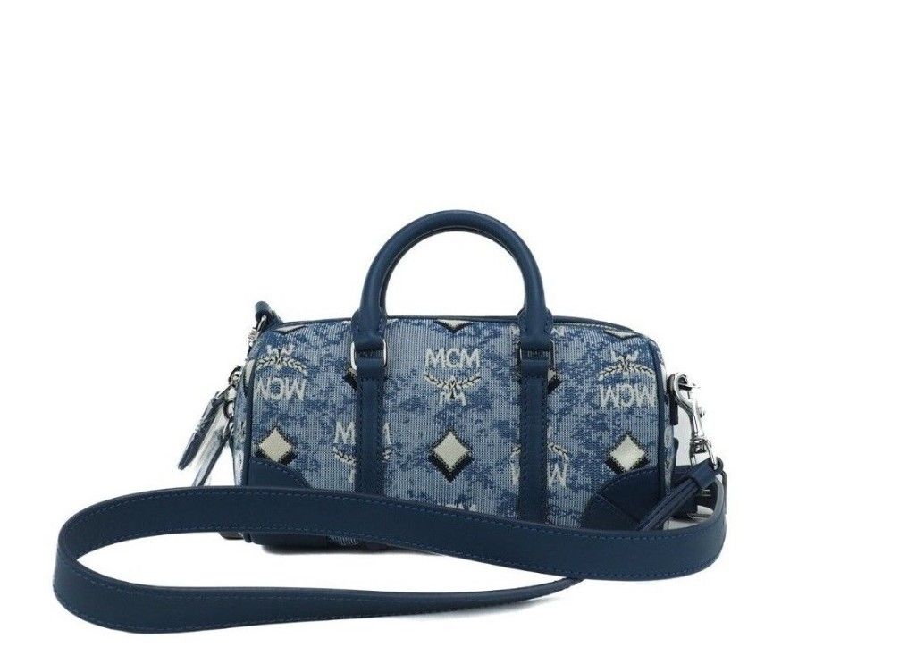 Boston Mini Azul Vintage Logotipo Jacquard Tela Bolso Satchel Crossbody