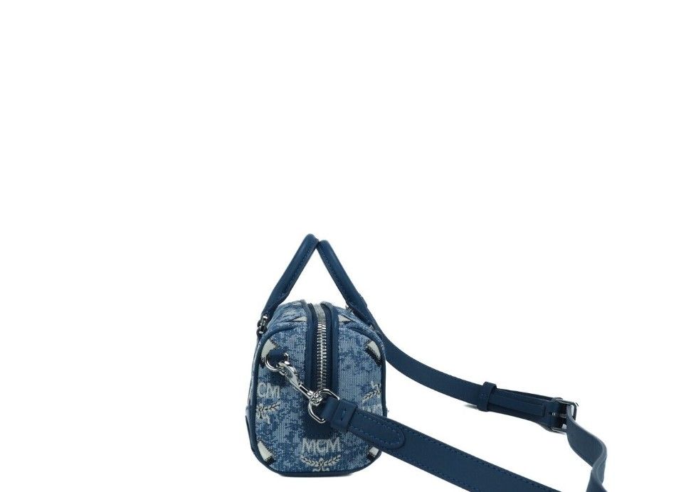 Boston Mini Azul Vintage Logotipo Jacquard Tela Bolso Satchel Crossbody