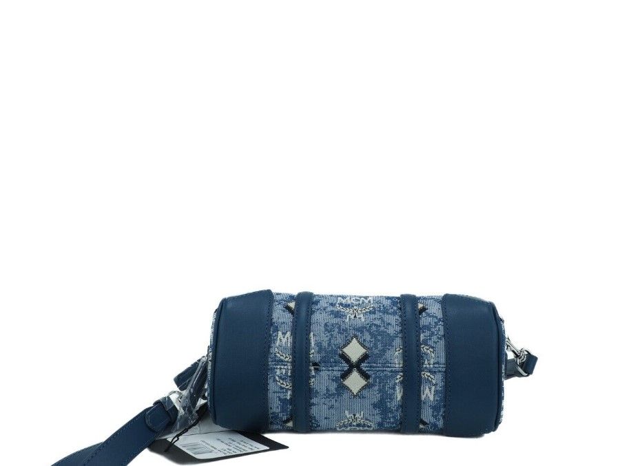 Boston Mini Azul Vintage Logotipo Jacquard Tela Bolso Satchel Crossbody