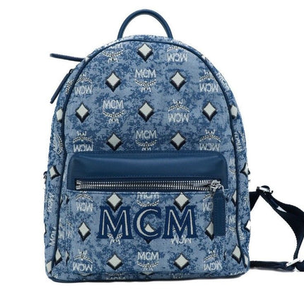 Stark Small Blue Vintage Jacquard Monogram Logo Fabric Backpack Bookbag