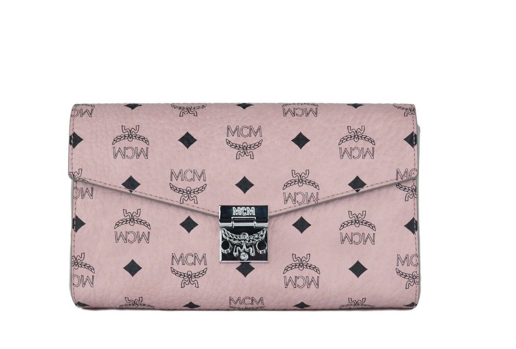 Bolso de mano mediano de piel con logo de diamantes en color rosa suave Clutch Crossbody