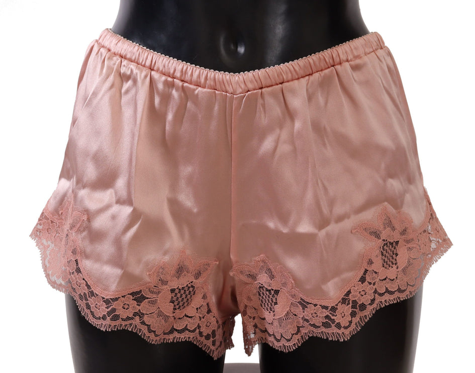 Eleganti pantaloncini di lingerie in pizzo di seta rosa in polvere