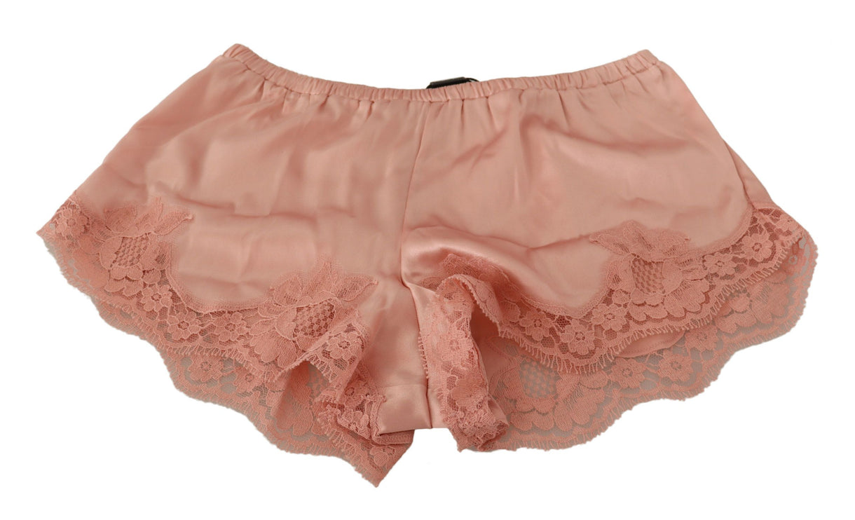 Eleganti pantaloncini di lingerie in pizzo di seta rosa in polvere