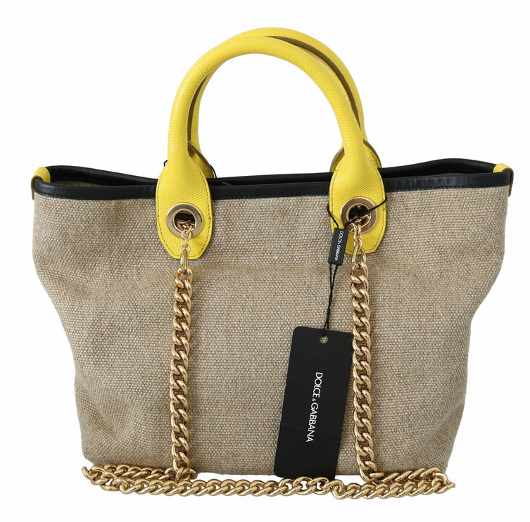 Beige linnen-kalf tote met gouden ketting