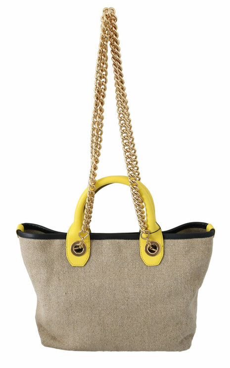 Beige linnen-kalf tote met gouden ketting