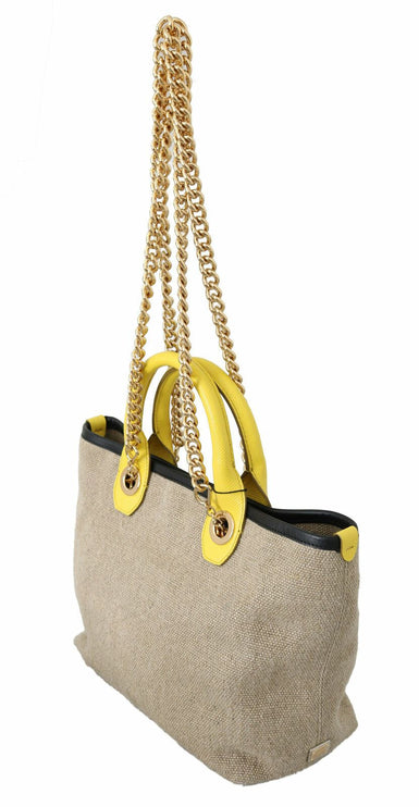 Beige linnen-kalf tote met gouden ketting