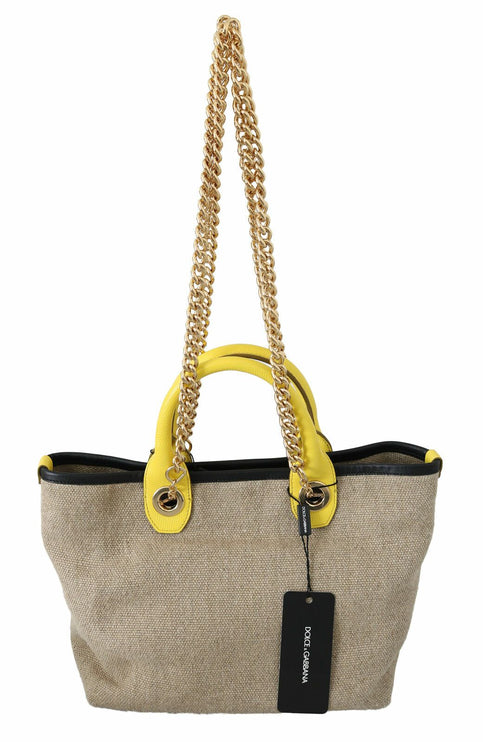 Beige linnen-kalf tote met gouden ketting