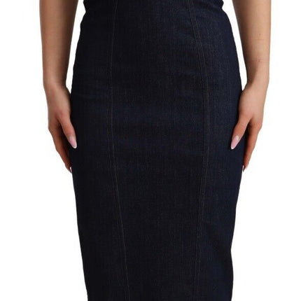 Elegant Dark Blue Denim Sheath Midi Dress