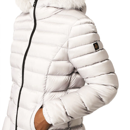 Veste à bas rembourrée blanche chic avec capuche en fourrure