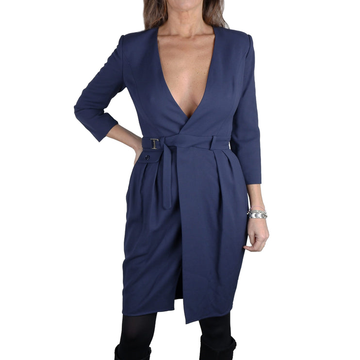 Robe élégante en V-coll ceinturé en bleu