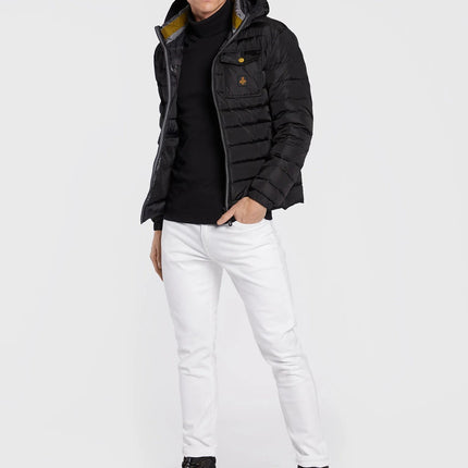 Elegant Black Hooded Down Jacket with Chic Olive Accent