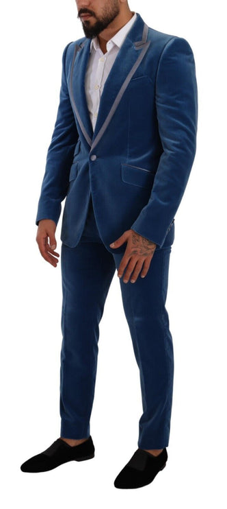 Costume élégant en velours bleu slim fit