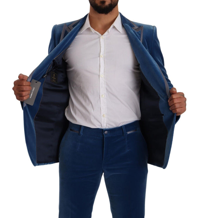 Costume élégant en velours bleu slim fit