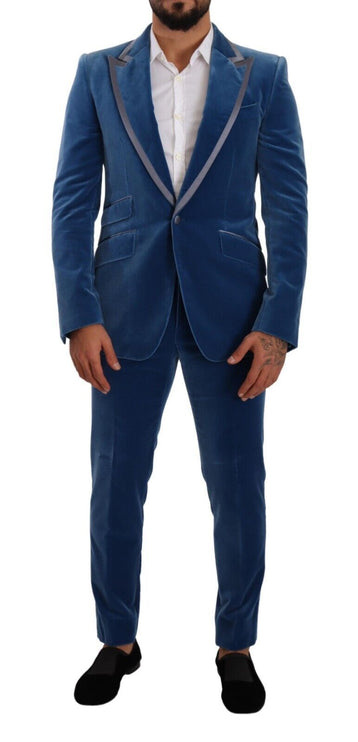 Costume élégant en velours bleu slim fit