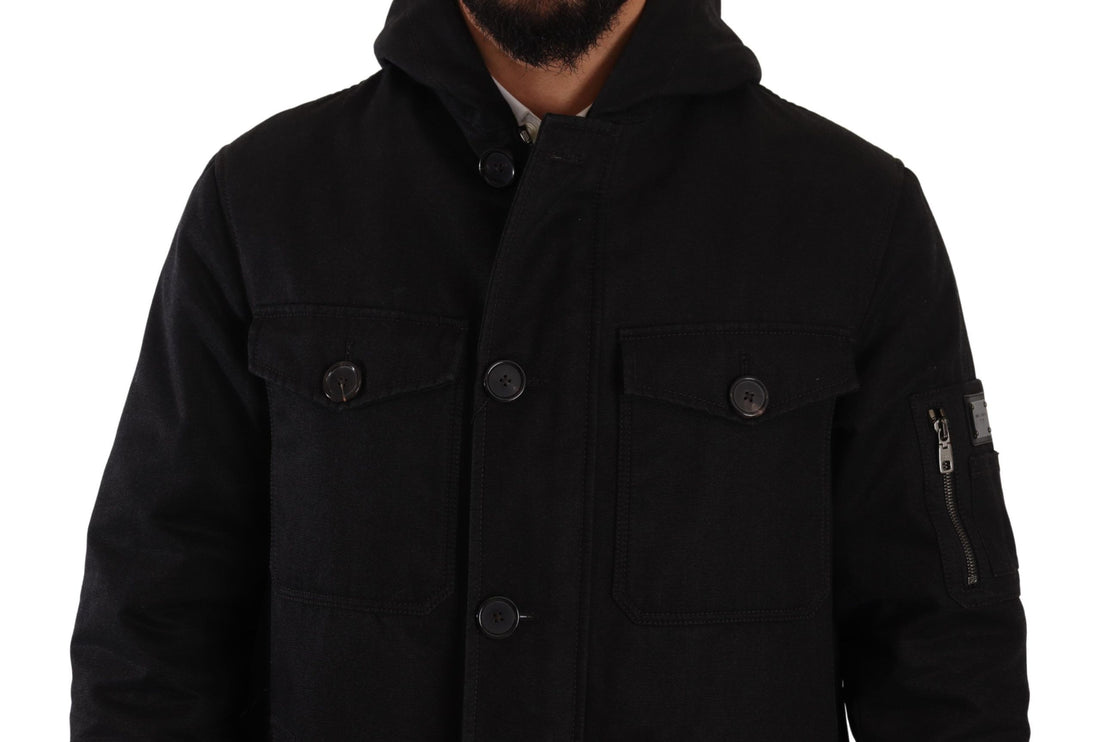 Elegant Black Parka Hooded Veste