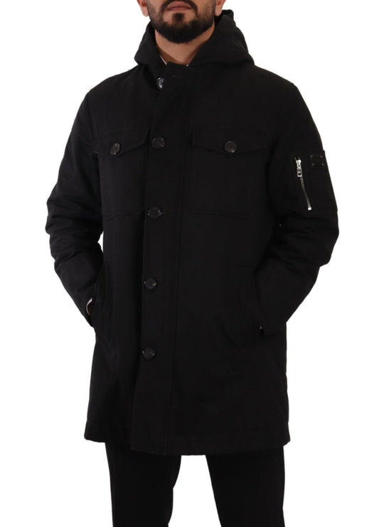 Elegant Black Parka Hooded Veste