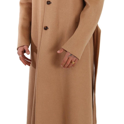 Opulent Beige Shearling-Collar Overcoat