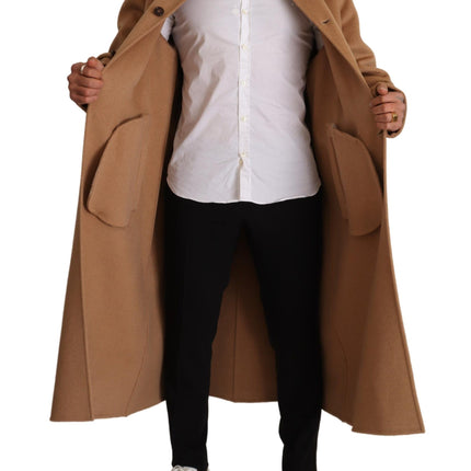 Opulent Beige Shearling-Collar Overcoat