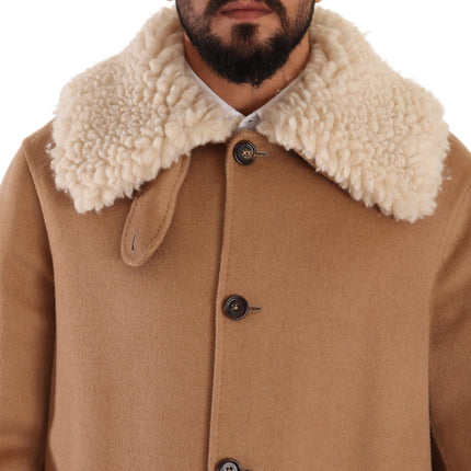 Opulent Beige Shearling-Collar Overcoat