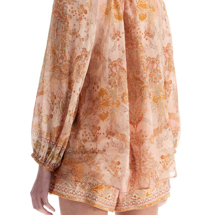 Zimmermann cream and pink high neck paisley blouse in rayon with long sleeves