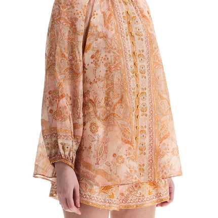 Zimmermann cream and pink high neck paisley blouse in rayon with long sleeves