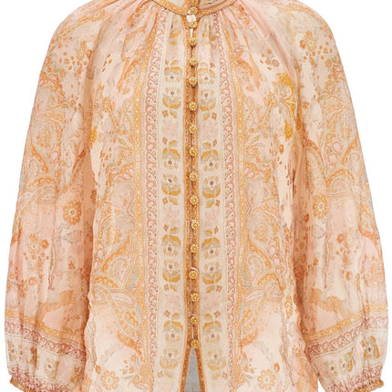 Zimmermann cream and pink high neck paisley blouse in rayon with long sleeves