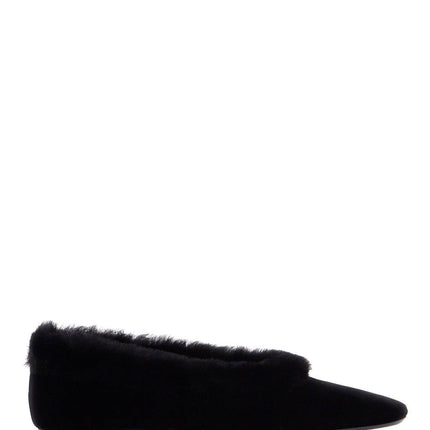 Toteme black velvet ballerinas with shearling trim