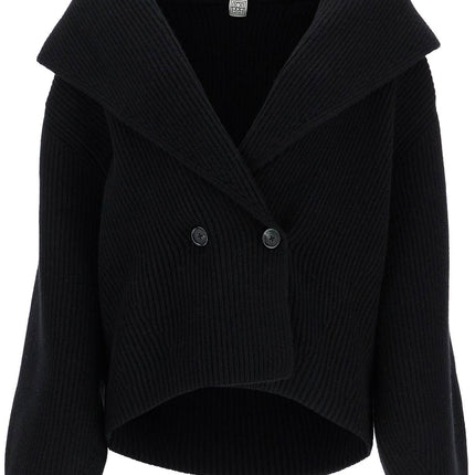 Toteme black wool ribbed cardigan with shawl collar