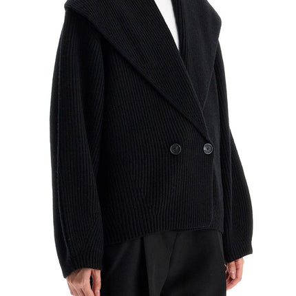 Toteme black wool ribbed cardigan with shawl collar