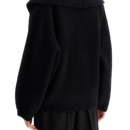 Toteme black wool ribbed cardigan with shawl collar